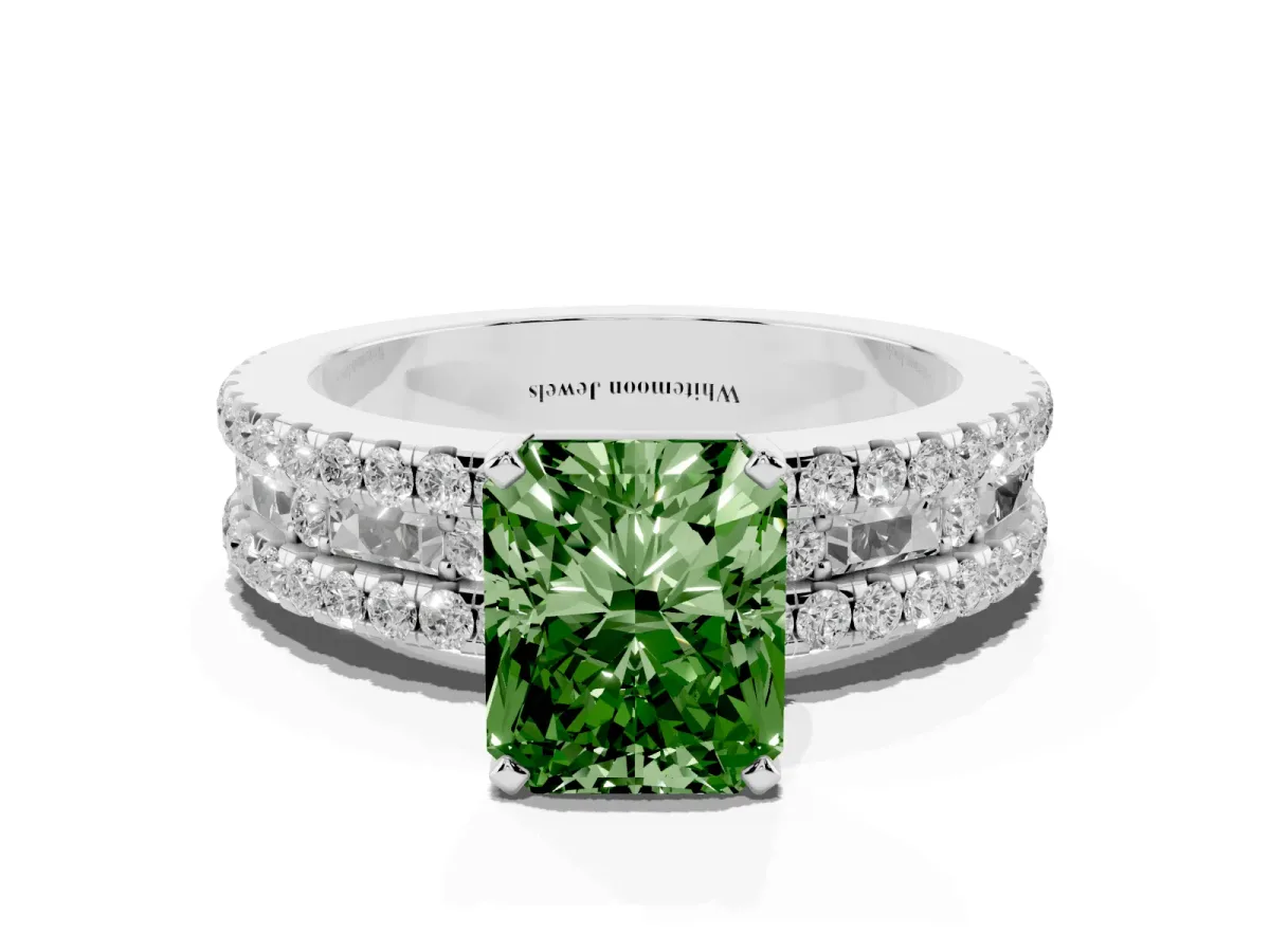 Fancy Green Radiant Cut Diamond Solitaire Ring with Pavé and Channel Set Band Platinum