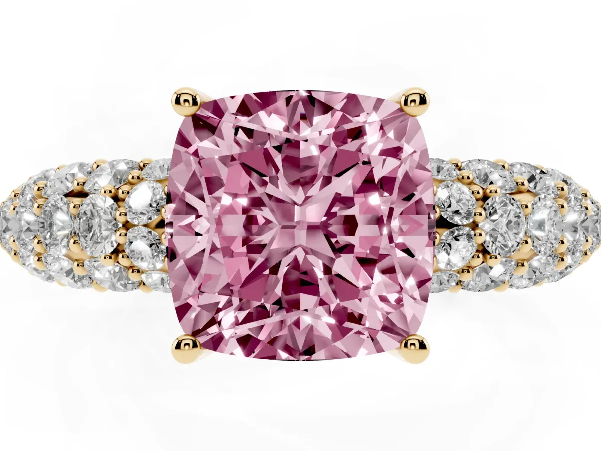 Fancy Pink Cushion Cut Diamond Pavé Band Solitaire Ring with Four-Prong Setting Yellow gold