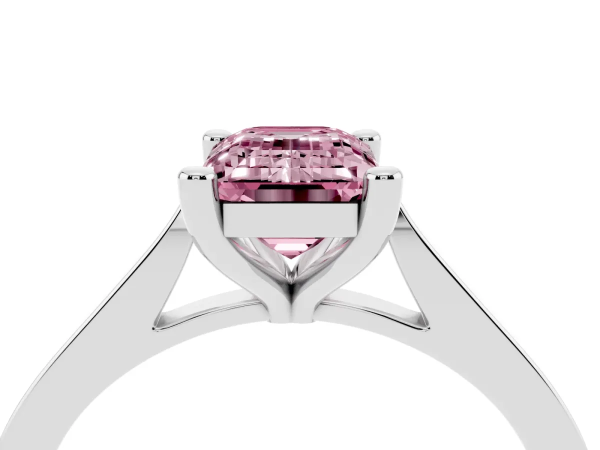Fancy Pink Emerald Cut Solitaire Diamond Ring with Four-Prong Setting and Tapered Band Platinum