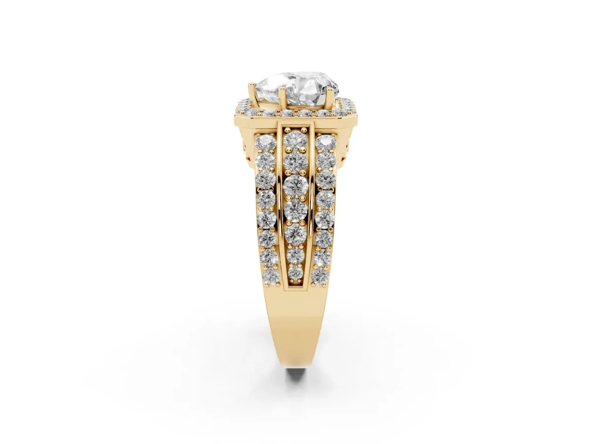 Heart Cut Halo Diamond Ring with Round Split Shank and Prong Setting Yellow gold
