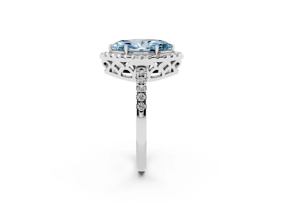 Fancy Blue Marquise Cut Halo Diamond Engagement Ring with Pavé Band and Four-Prong Setting Platinum