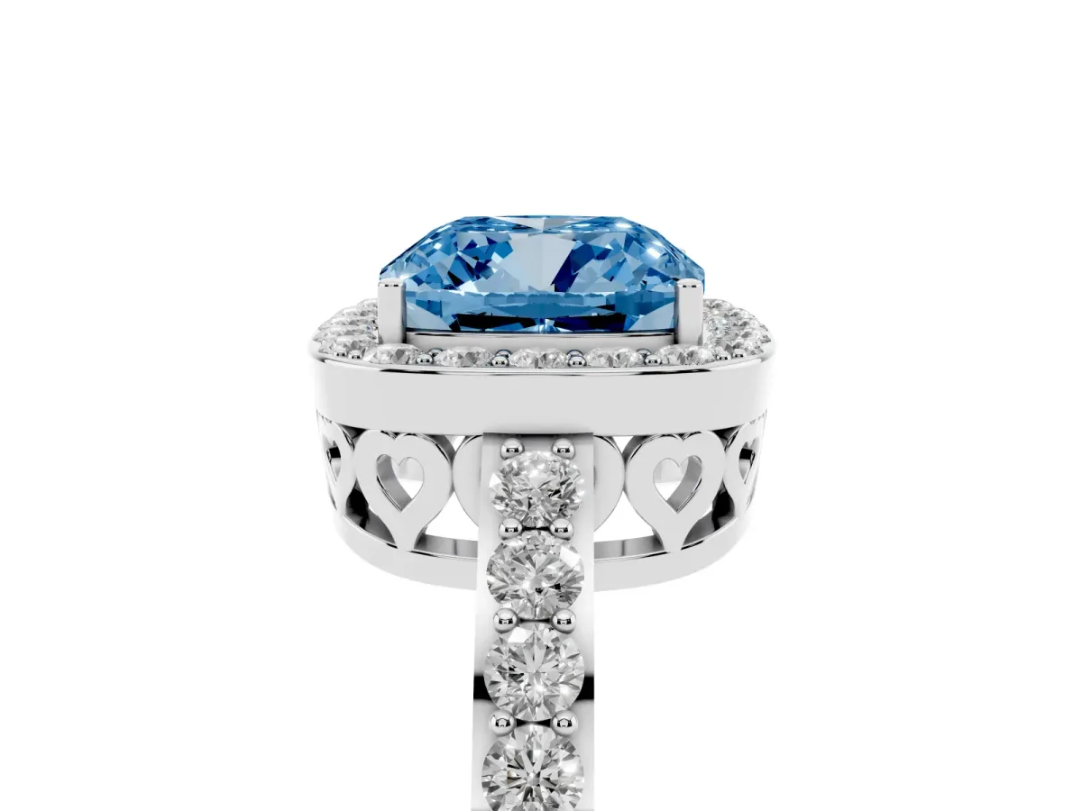 Fancy Blue Cushion Cut Halo Diamond Pavé Band Ring with Prong Setting Silver