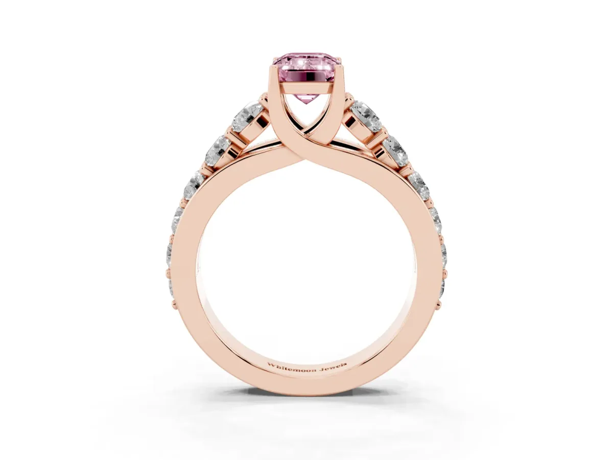 Fancy Pink Emerald Cut Diamond Engagement Ring with Pavé Band and Four-Prong Setting Rose gold