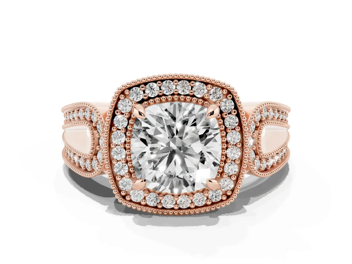 Cushion Cut Halo Split Shank Milgrain Diamond Ring Rose gold