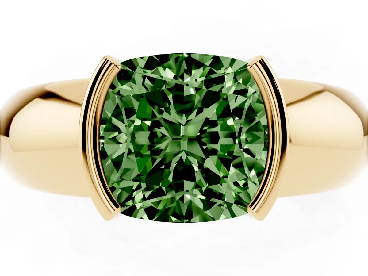 Fancy Green Cushion Cut Solitaire Tension Set Diamond Ring with Wide Band Yellow gold