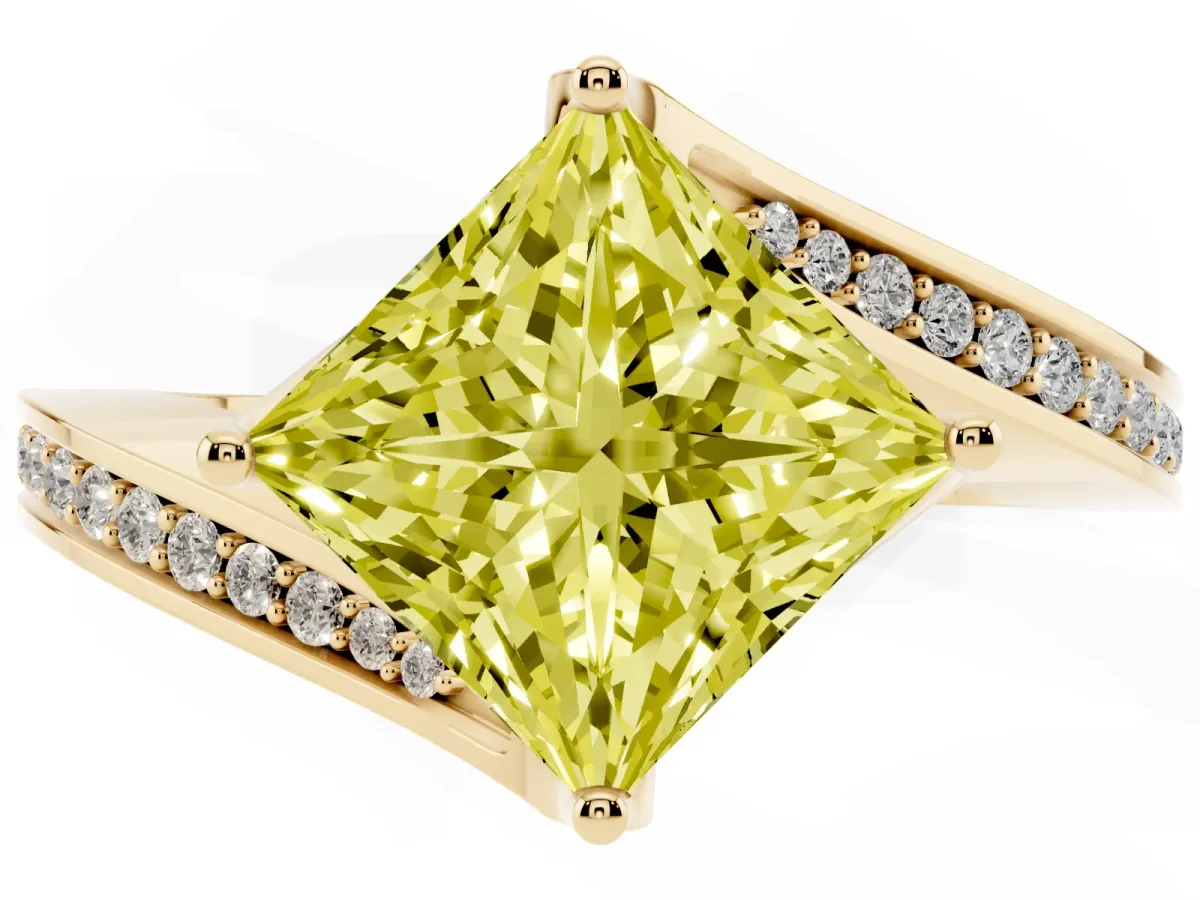 Fancy Yellow Princess Cut Solitaire Diamond Twist Band with Pavé Setting and Four-Prong Setting Yellow gold
