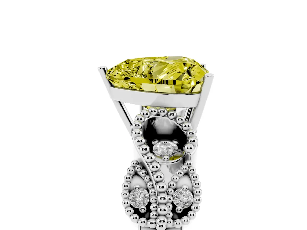 Fancy Yellow Heart Cut Solitaire Milgrain Leaf Band with Prong Setting White gold