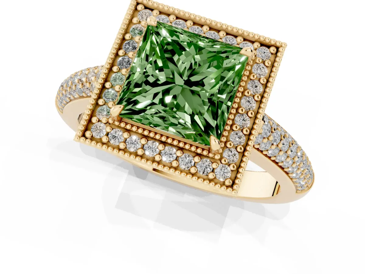 Fancy Green Princess Cut Cut Halo Diamond Pave Band with Four-Prong Setting Yellow gold
