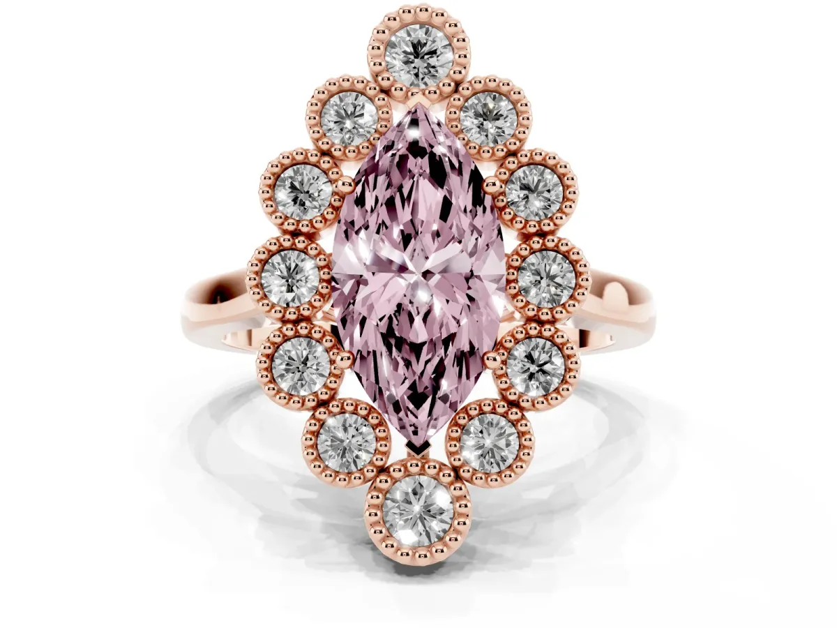 Fancy Pink Marquise Cut Halo Diamond Cluster Engagement Ring with Milgrain Bezel Setting and Solitaire Band Rose gold