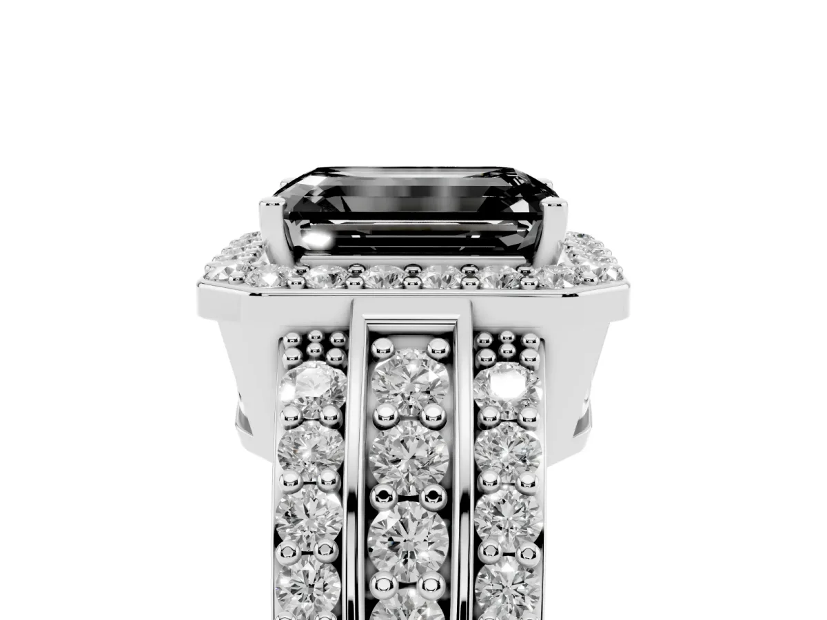 Fancy Black Emerald Cut Halo Diamond Ring with Round Split Shank and Prong Setting Platinum