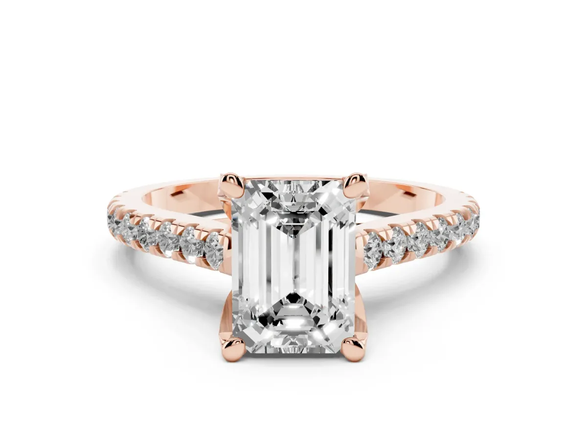 Emerald Cut Brilliant Diamond Solitaire with Pavé Band and Four-Prong Setting Rose gold