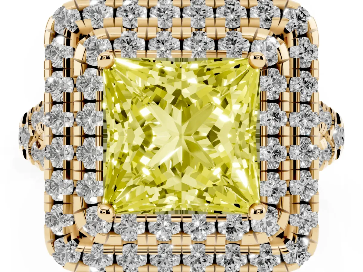 Fancy Yellow Double Halo Princess Cut Diamond Pavé Split Shank Ring with Prong Setting Yellow gold