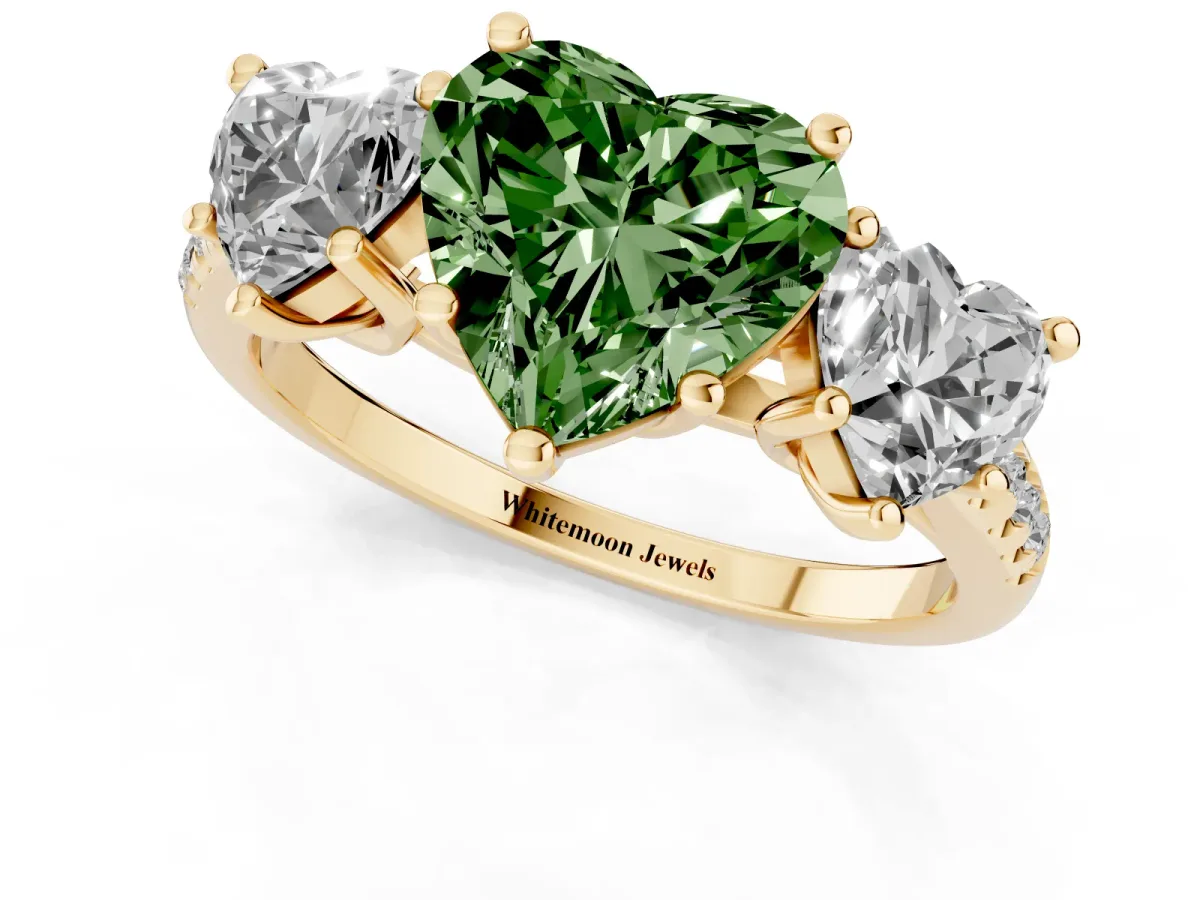 Fancy Green Three-Stone Heart Cut Diamond Ring with Round Pavé Band and Prong Setting Yellow gold