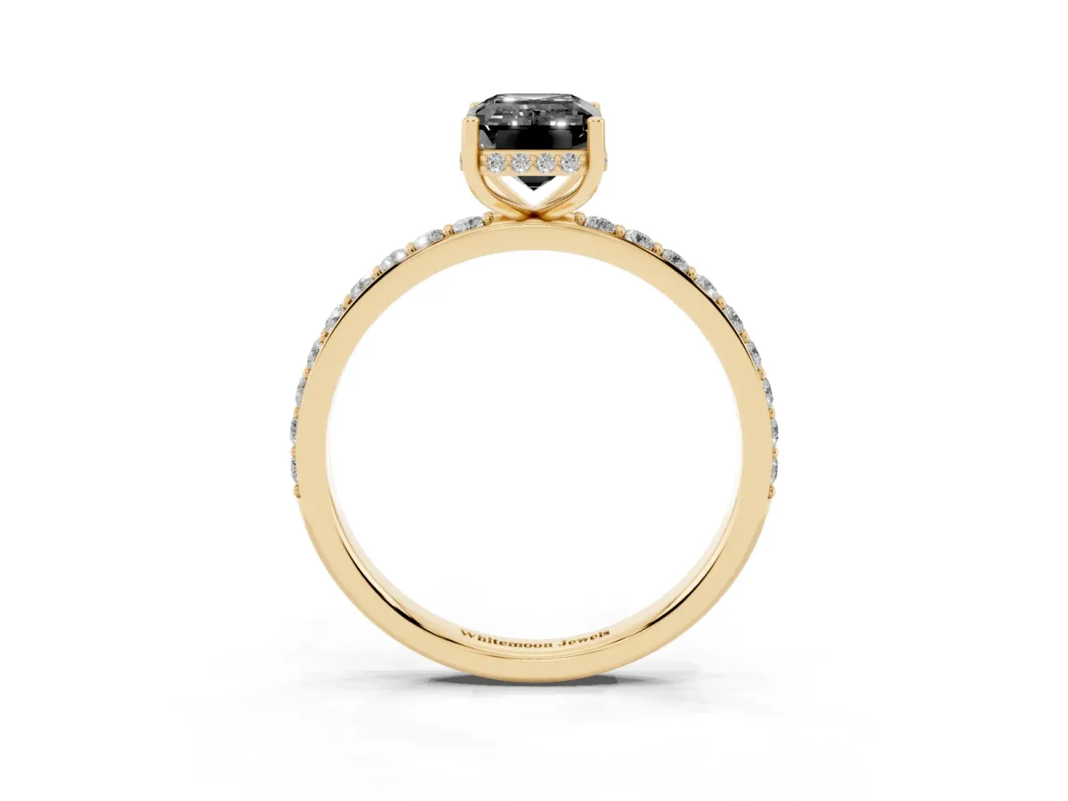 Fancy Black Emerald Cut Diamond Solitaire Ring with Pavé Band and Hidden Halo Yellow gold