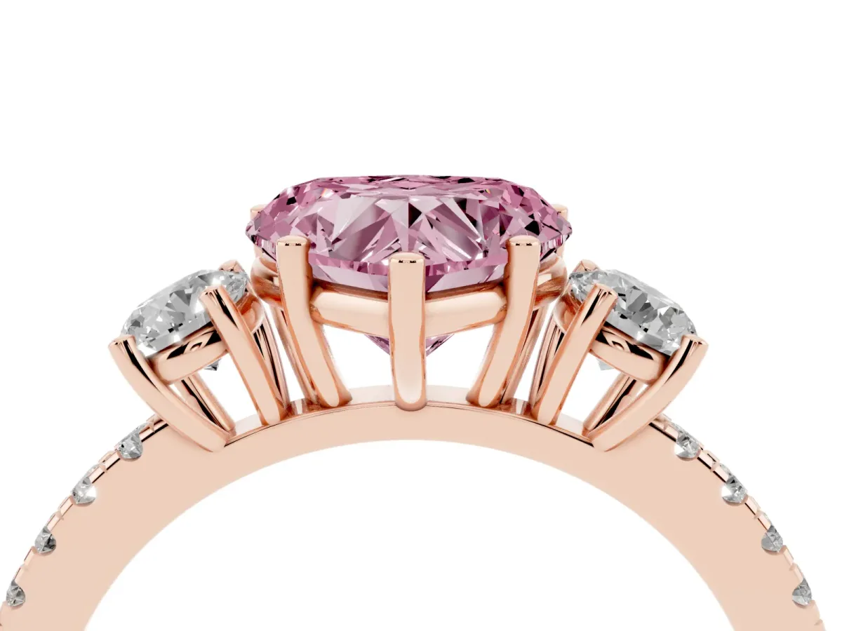 Fancy Pink Three-Stone Heart Cut Cut Diamond Pavé Band with Prong Setting Rose gold