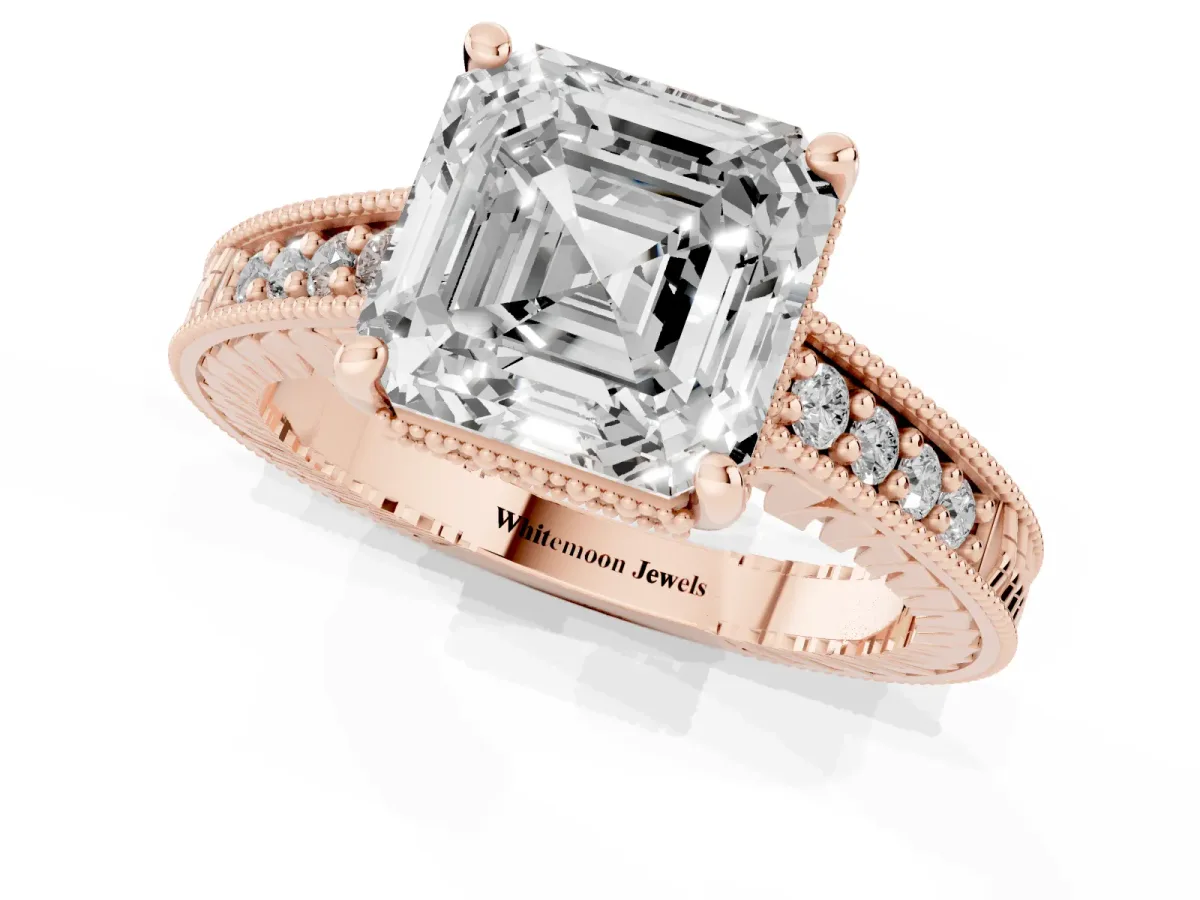 Asscher Cut Solitaire Pavé Diamond Milgrain Engagement Ring with Four-Prong Setting Rose gold