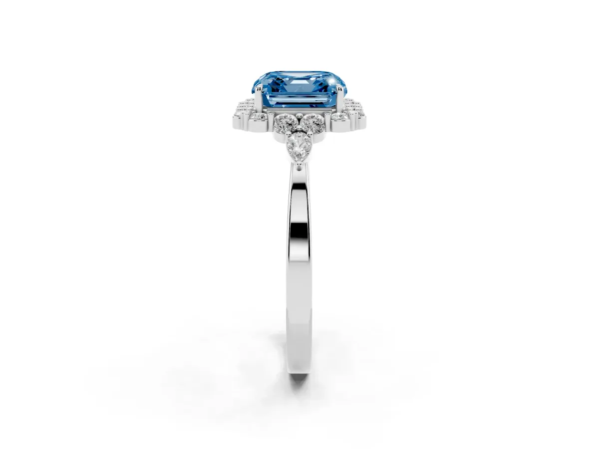 Fancy Blue Asscher Cut Diamond Halo Ring with Pear Side Stones and Prong Setting Silver
