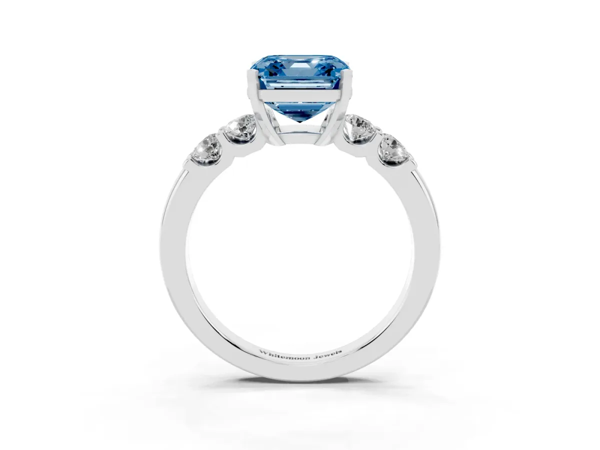 Fancy Blue Asscher Cut Brilliant Cut Diamond Five-Stone Prong Set Engagement Ring with Channel Band Platinum