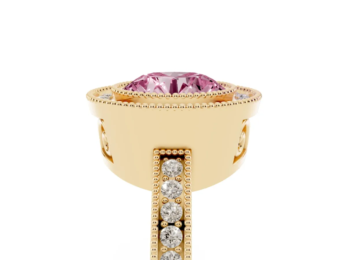 Fancy Pink Round Cut Cut Halo Diamond Ring with Pavé Band and Milgrain Prong Setting Yellow gold