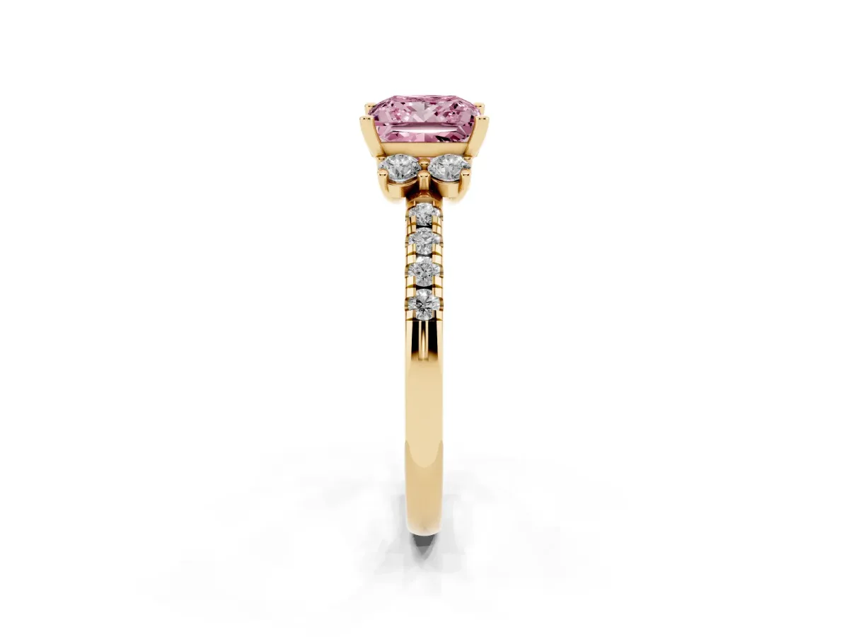 Fancy Pink Princess Cut Diamond Three-Stone Pave Band with Four-Prong Setting Yellow gold
