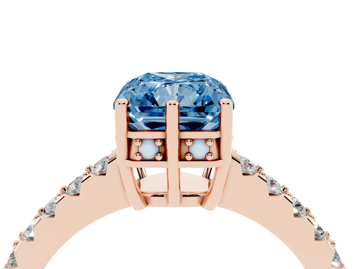 Fancy Blue Radiant Cut Solitaire Diamond Engagement Ring with Pavé Band and Six-Prong Setting Rose gold
