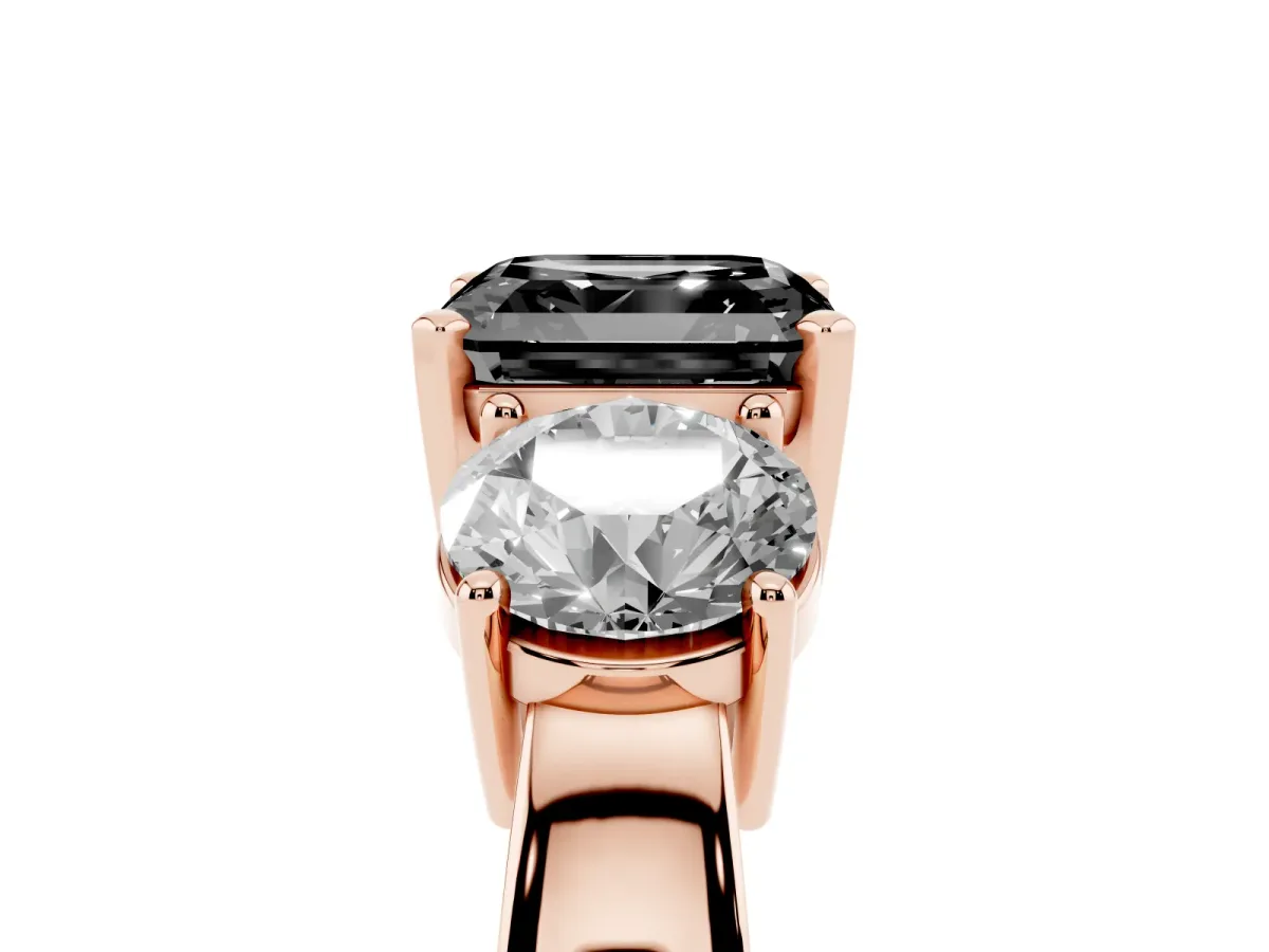 Fancy Black Three-Stone Asscher Cut Diamond Ring with Round Side Stones, Classic Band, and Four-Prong Setting Rose gold