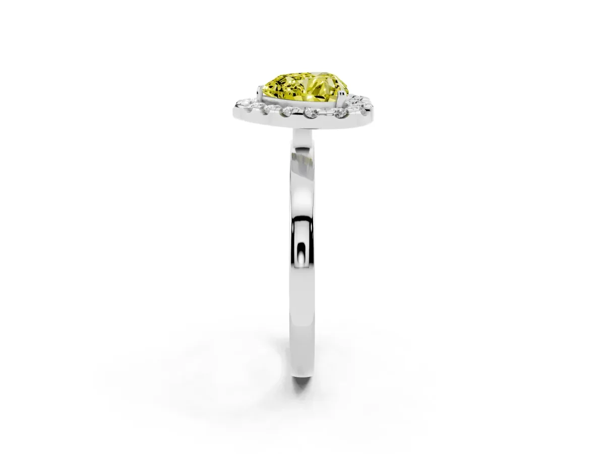 Fancy Yellow Heart Cut Halo Diamond Solitaire with Pavé Band and Four-Prong Setting White gold