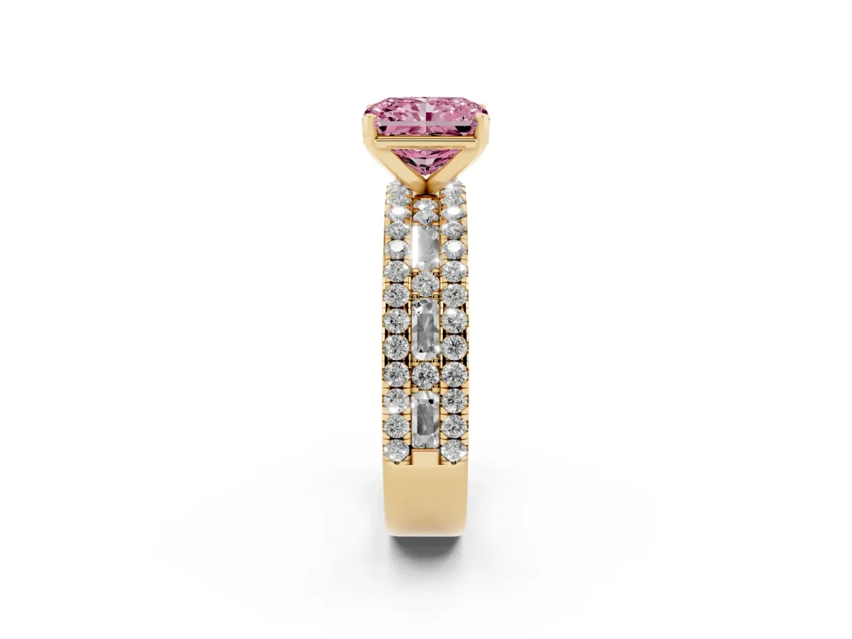 Fancy Pink Radiant Cut Diamond Solitaire Ring with Pavé and Channel Set Band Yellow gold