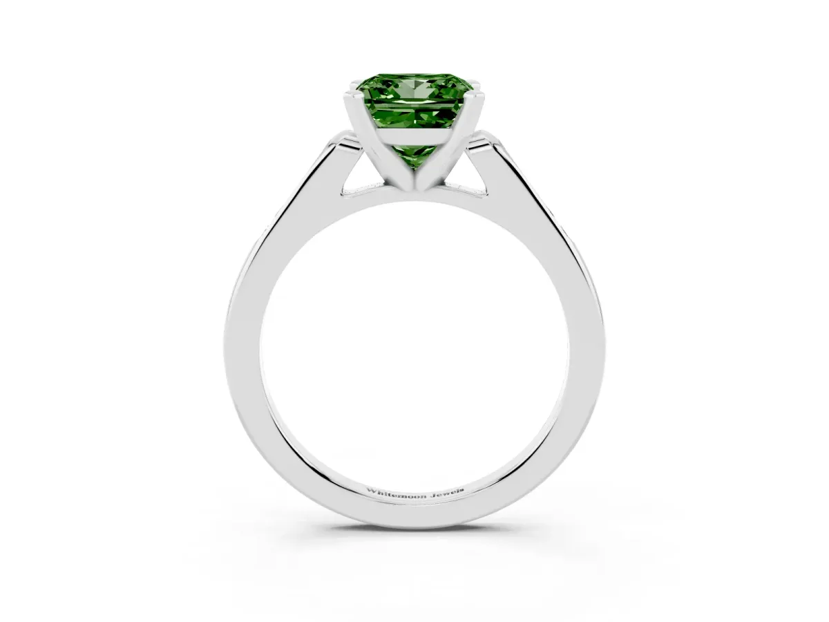 Fancy Green Princess Cut Diamond Solitaire Ring with Channel Set Round Band and Prong Setting Silver