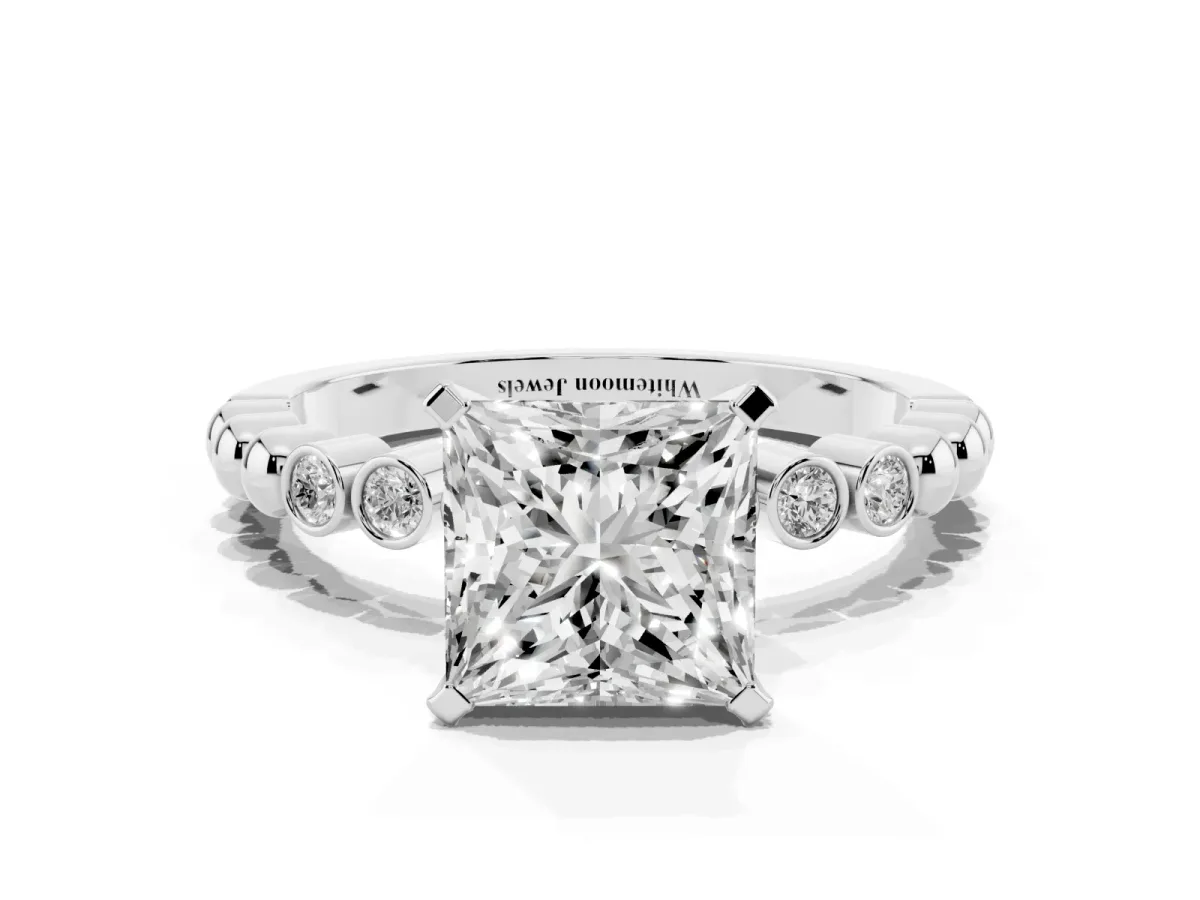 Princess Cut Solitaire Bezel Accent Diamond Engagement Ring with Beaded Band and Four-Prong Setting Platinum