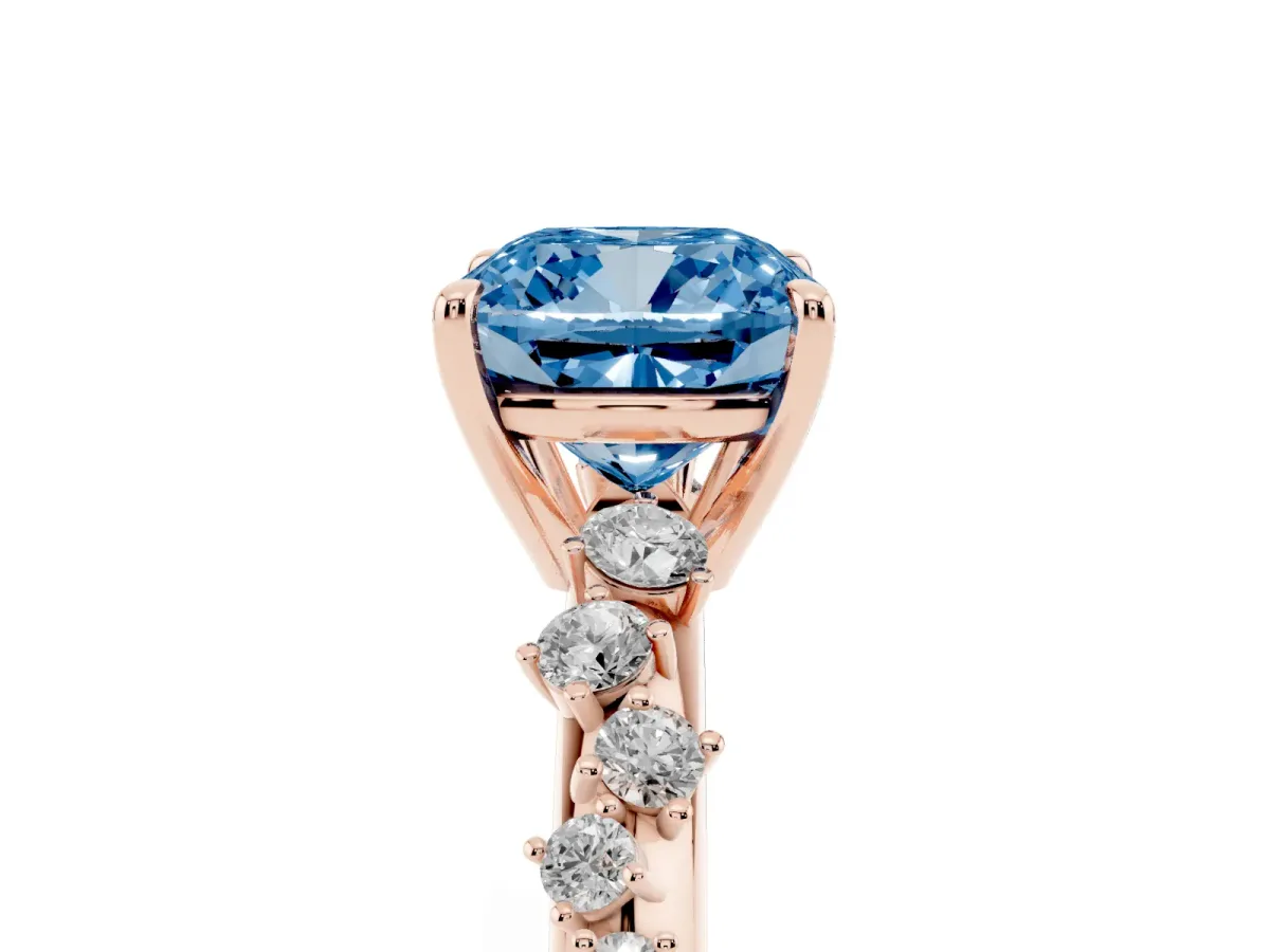 Fancy Blue Cushion Cut Diamond Cluster Side Stone Solitaire Ring with Prong Setting Rose gold