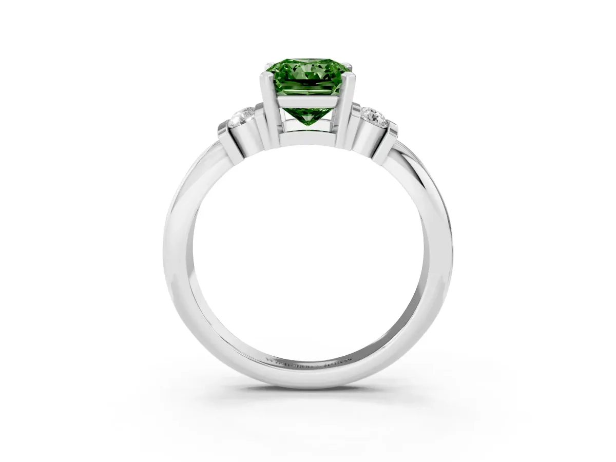 Fancy Green Radiant Cut Cut Three-Stone Channel Set Ring with Bar Prongs Silver