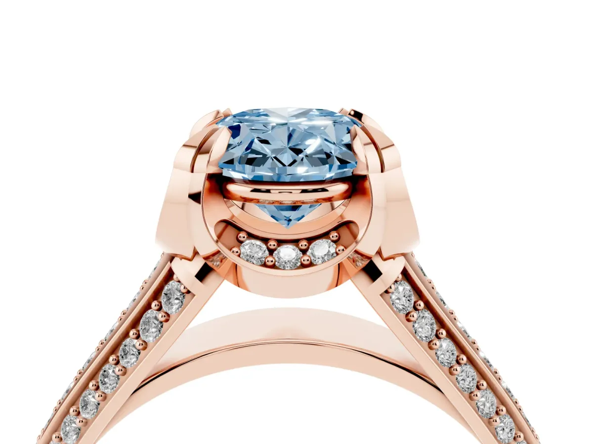 Fancy Blue Oval Cut Solitaire Pave Split Shank Ring with Four-Prong Setting Rose gold