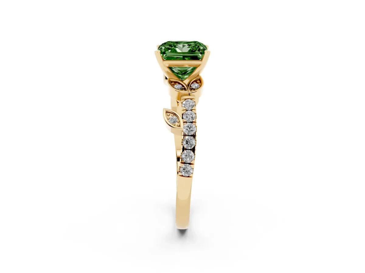 Fancy Green Princess Cut Solitaire Leaf-Inspired Diamond Ring with Pavé Band and Four-Prong Setting Yellow gold