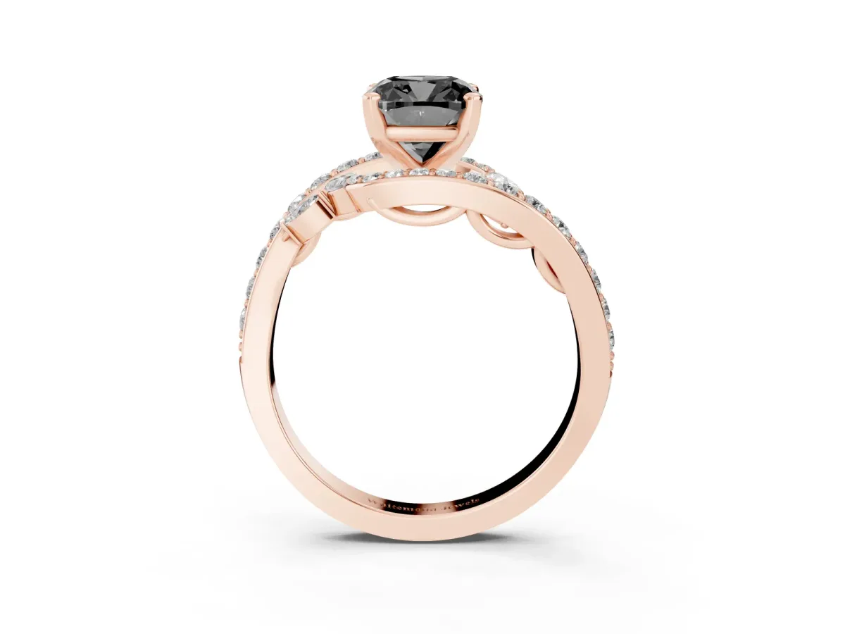 Fancy Black Cushion Cut Diamond Solitaire Ring with Filigree Band and Four-Prong Setting Rose gold