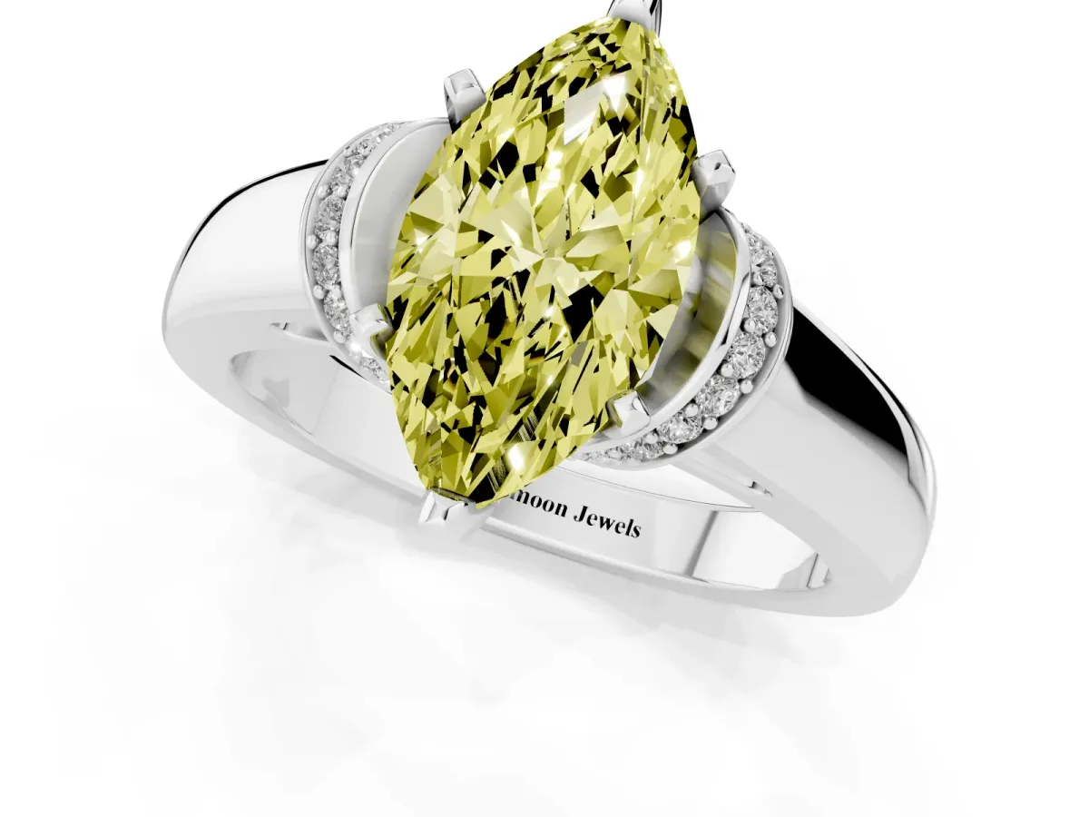 Fancy Yellow Marquise Cut Solitaire Diamond Ring with Pave Band and Six-Prong Setting Silver