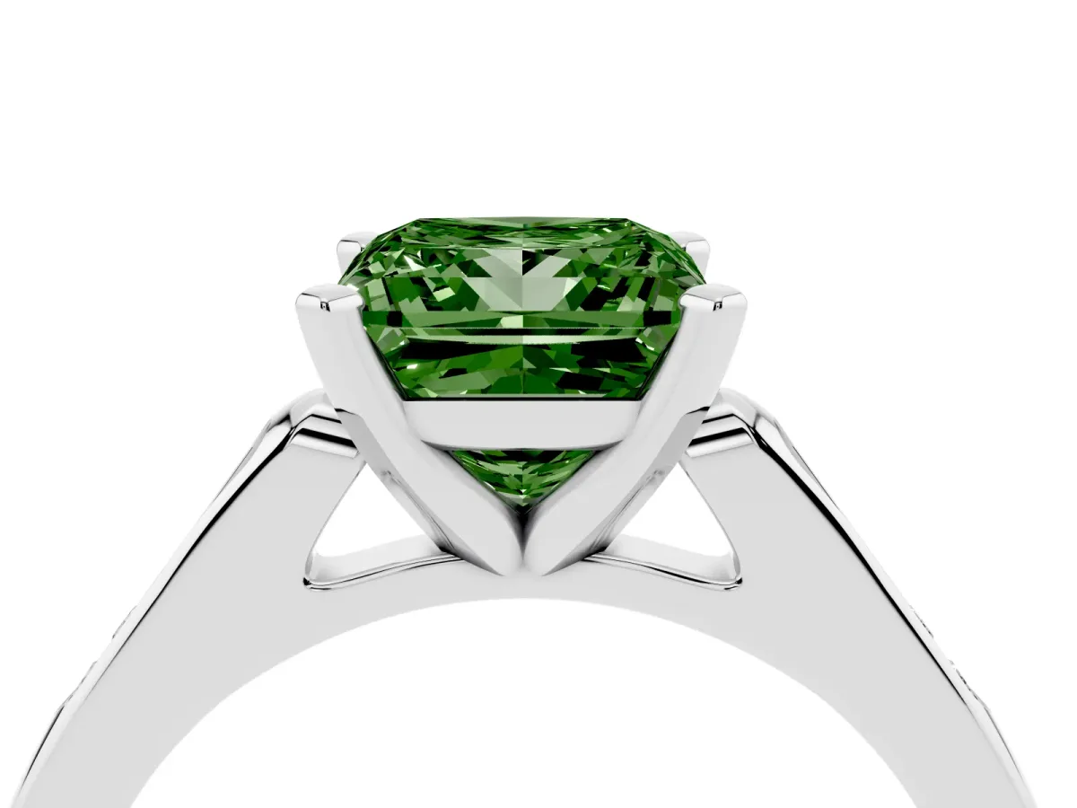 Fancy Green Princess Cut Diamond Solitaire Ring with Channel Set Round Band and Prong Setting Silver