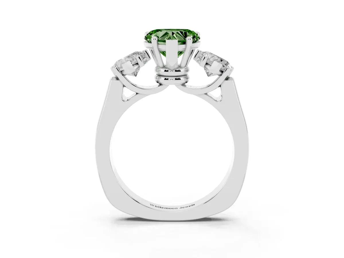 Fancy Green Three-Stone Heart Cut Brilliant Diamond Trellis Ring with Comfort Fit Band Platinum