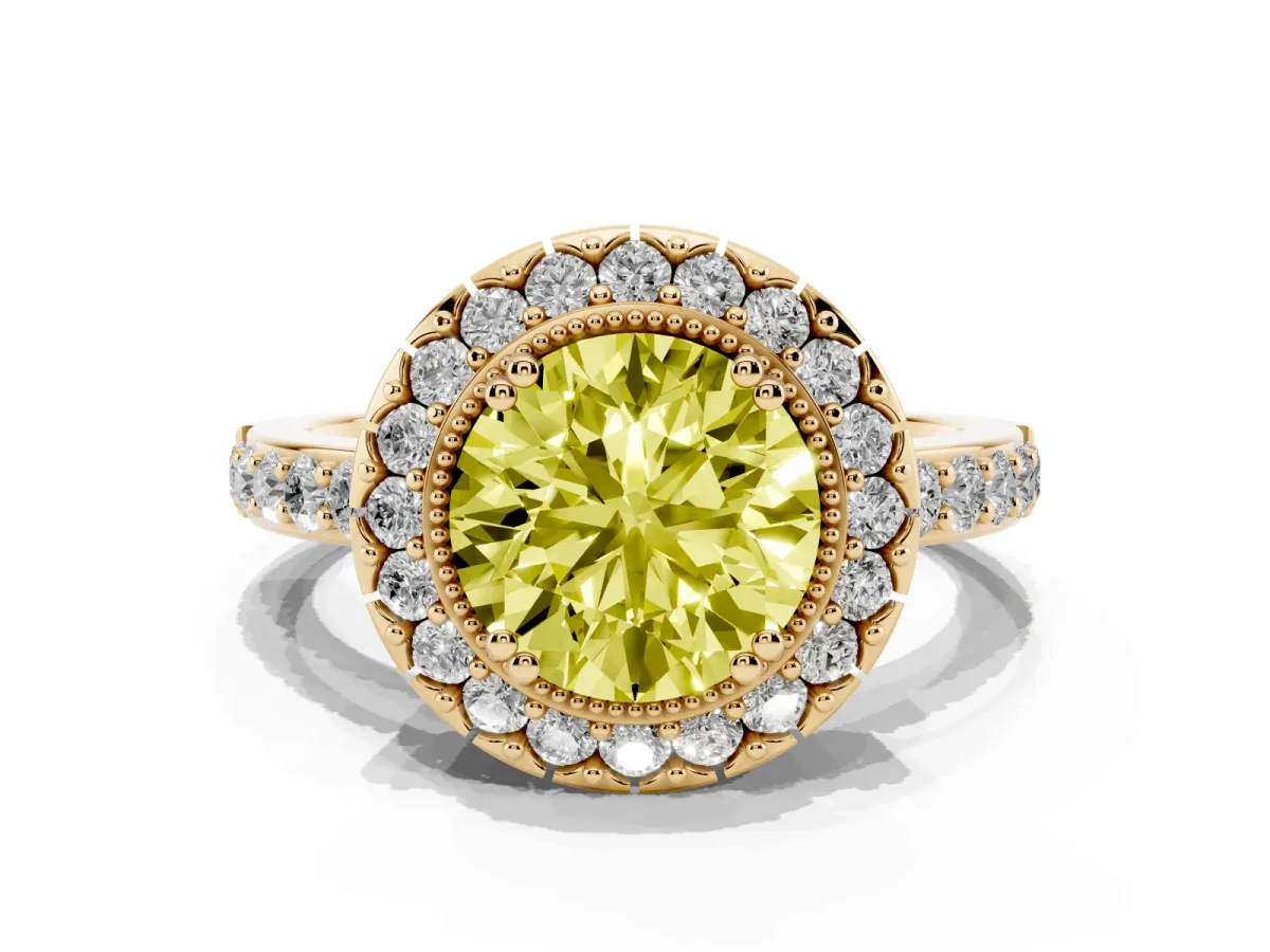 Fancy Yellow Round Cut Diamond Halo Ring with Pavé Band and Prong Setting Yellow gold