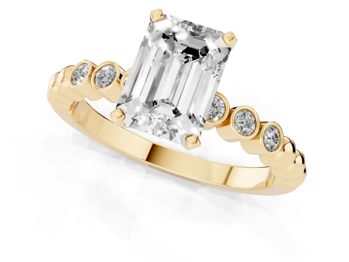 Emerald Cut Solitaire Bezel Accent Diamond Engagement Ring with Beaded Band and Four-Prong Setting Yellow gold