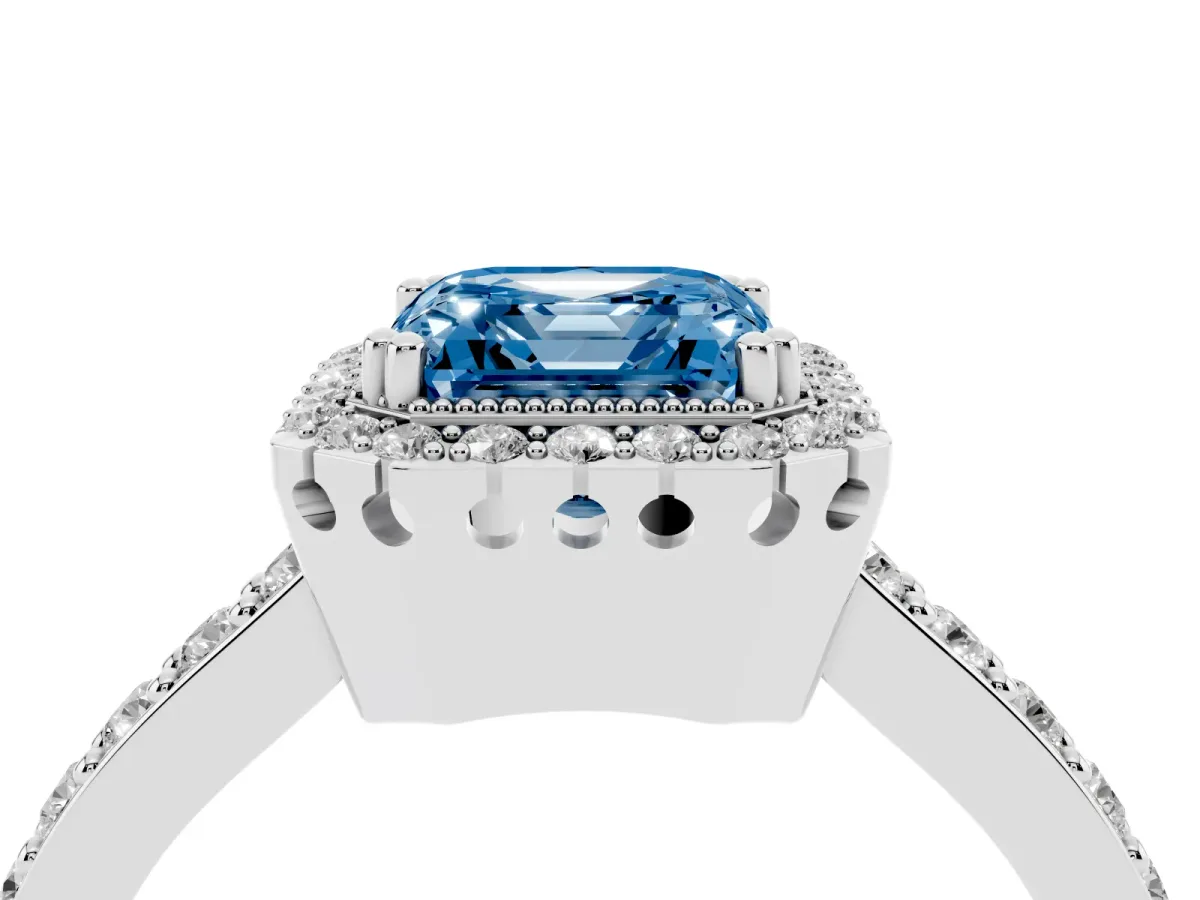 Fancy Blue Asscher Cut Cut Diamond Halo Engagement Ring with Milgrain Detail and Pavé Band Platinum