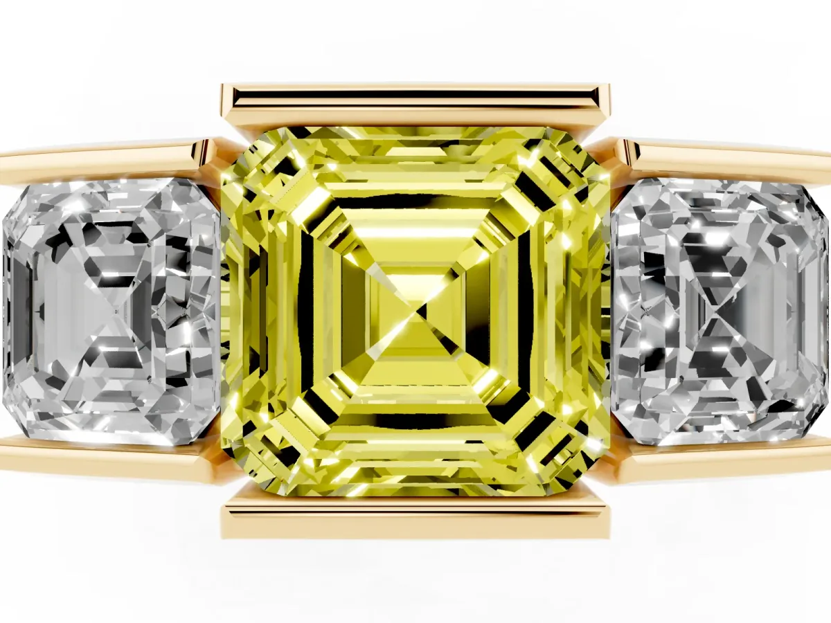 Fancy Yellow Three Stone Asscher Cut Cut Channel Set Diamond Ring Yellow gold