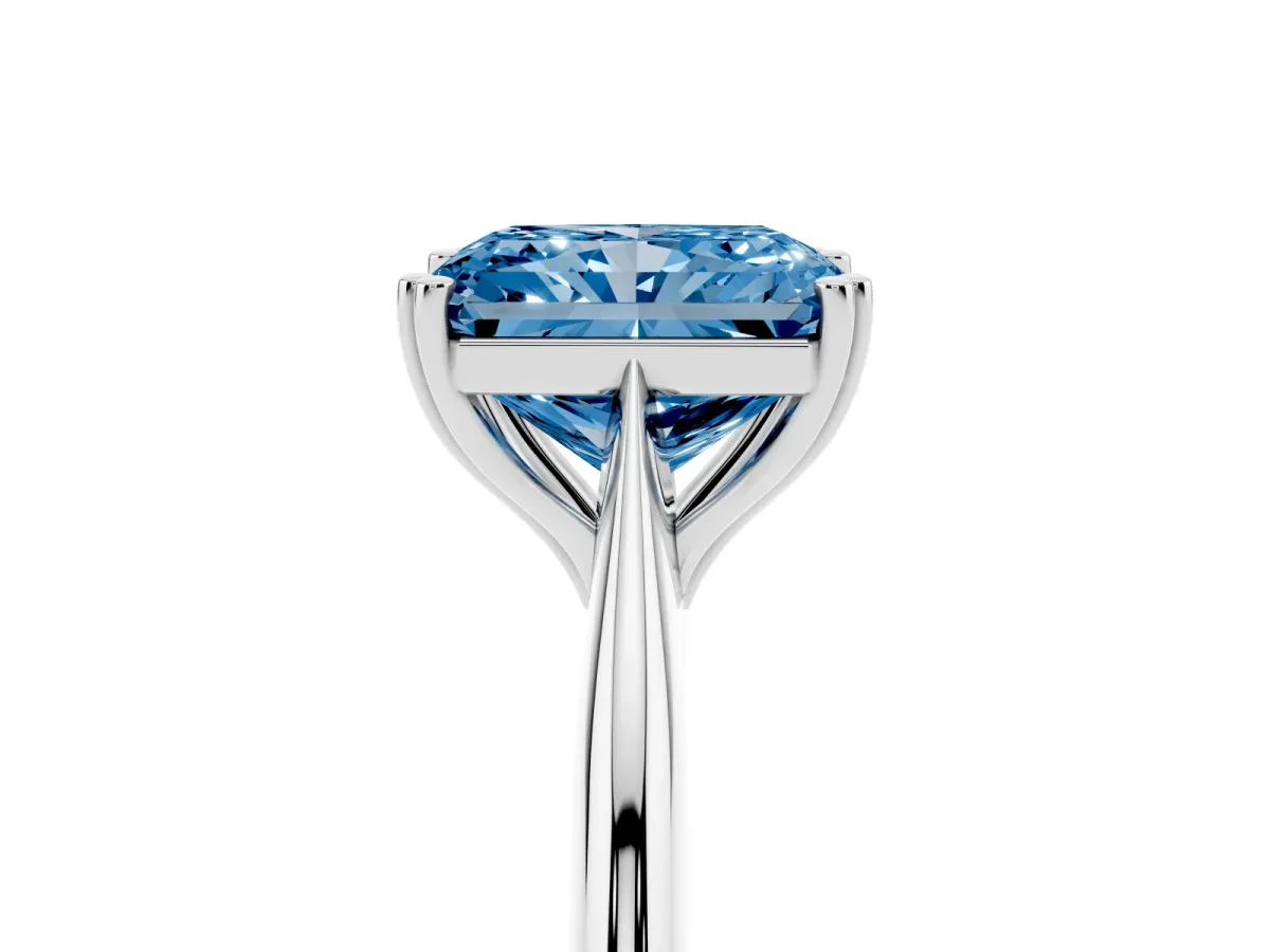 Fancy Blue Radiant Cut Solitaire Diamond Ring with Six-Prong Setting and Classic Band Silver