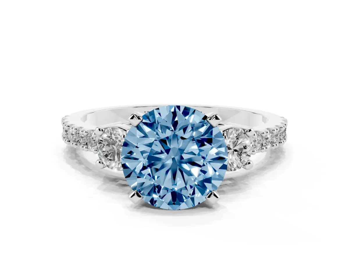 Fancy Blue Round Cut Three-Stone Diamond Pavé Band with Prong Setting Silver