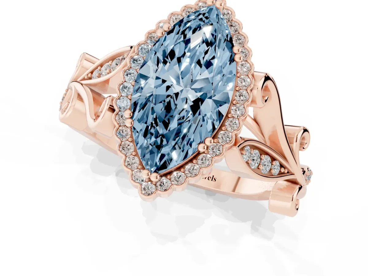Fancy Blue Marquise Cut Diamond Halo Ring with Vintage Split Shank and Four-Prong Setting Rose gold