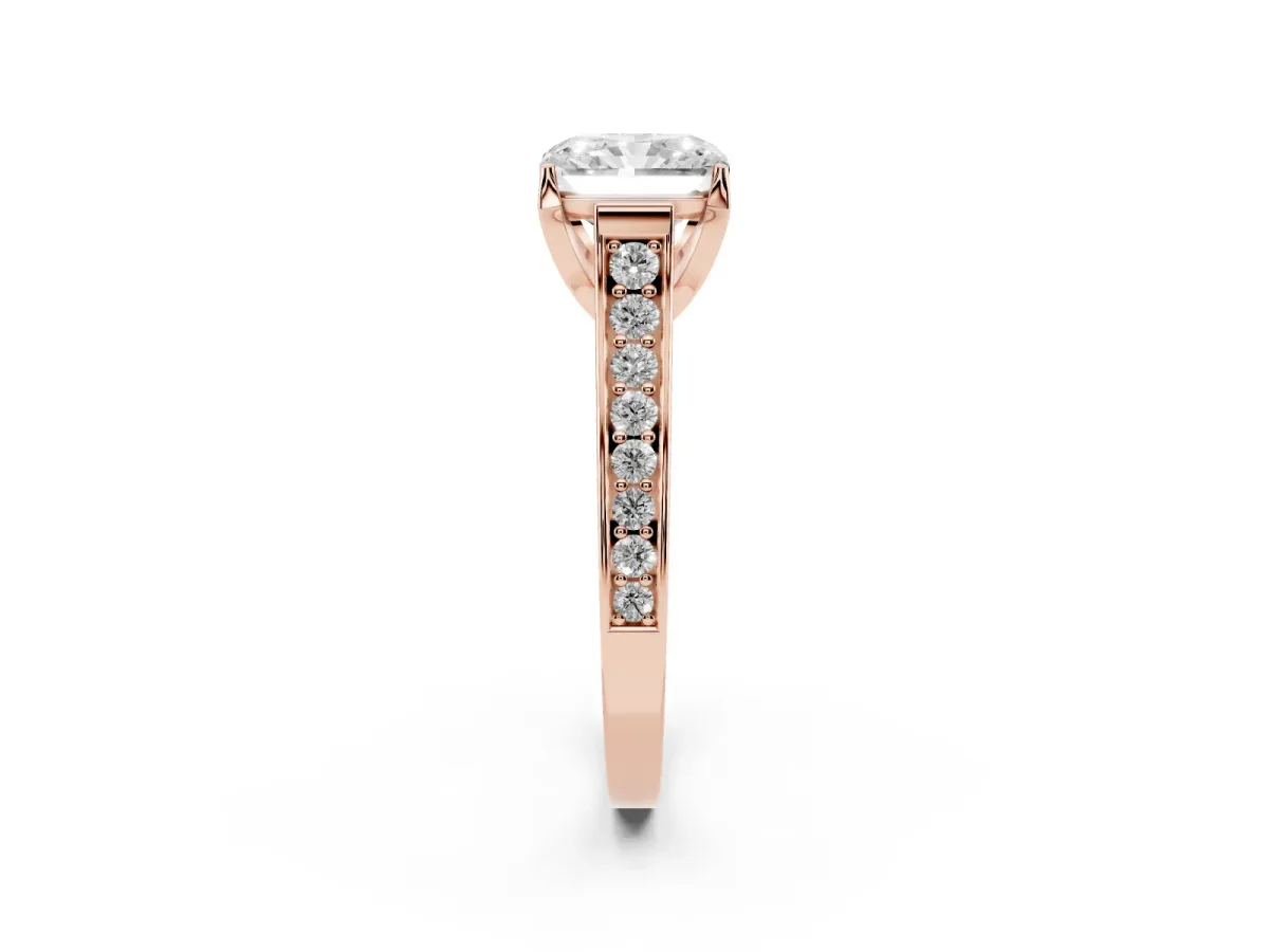 Radiant Cut Brilliant Cut Diamond Engagement Ring with Pavé Band and Four-Prong Setting Rose gold