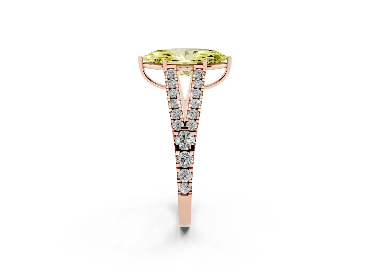 Fancy Yellow Marquise Cut Diamond Split Shank Engagement Ring with Round Pavé and Prong Setting Rose gold