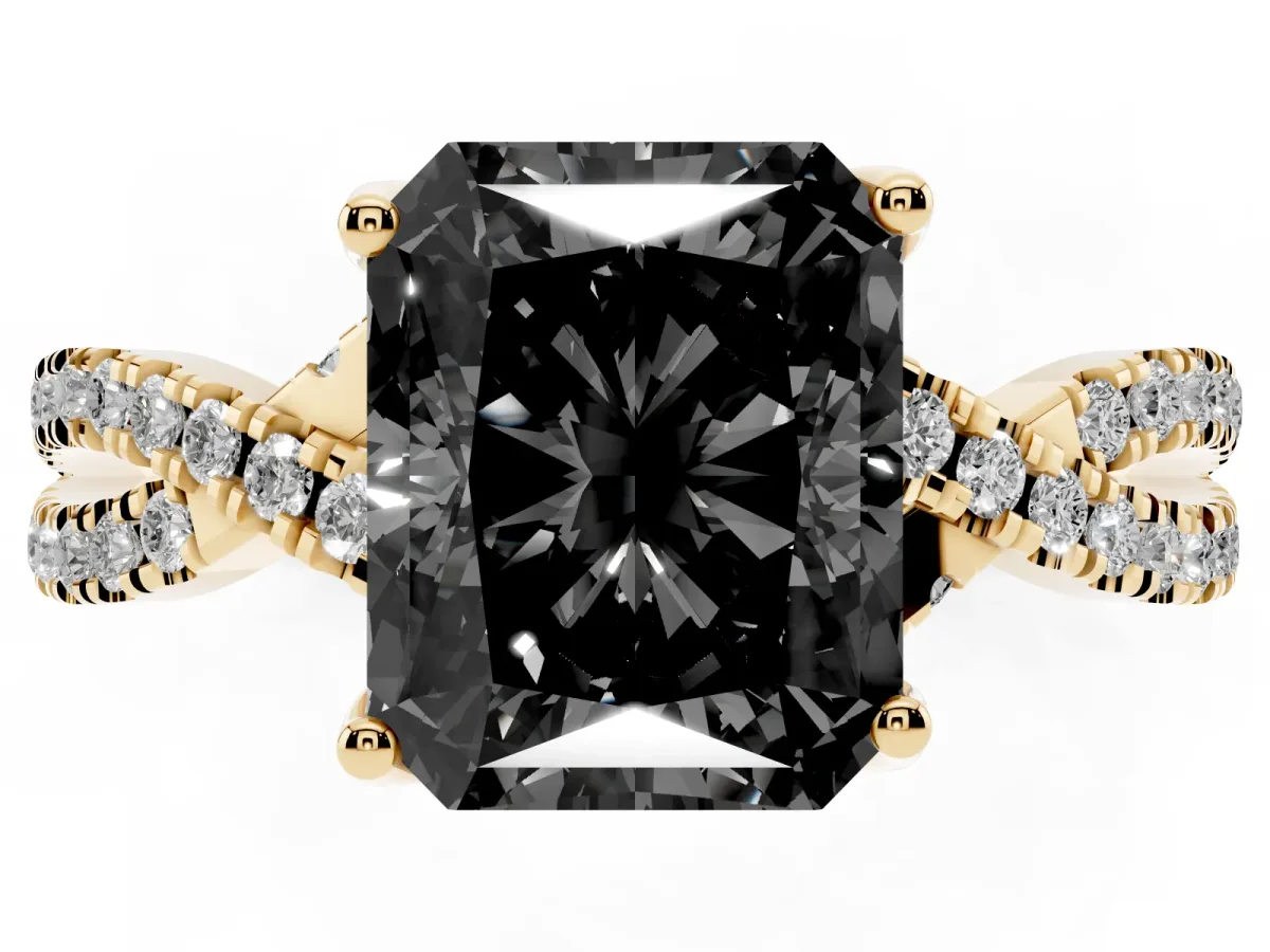 Fancy Black Radiant Cut Solitaire Twist Pave Diamond Engagement Ring with Prong Setting Yellow gold