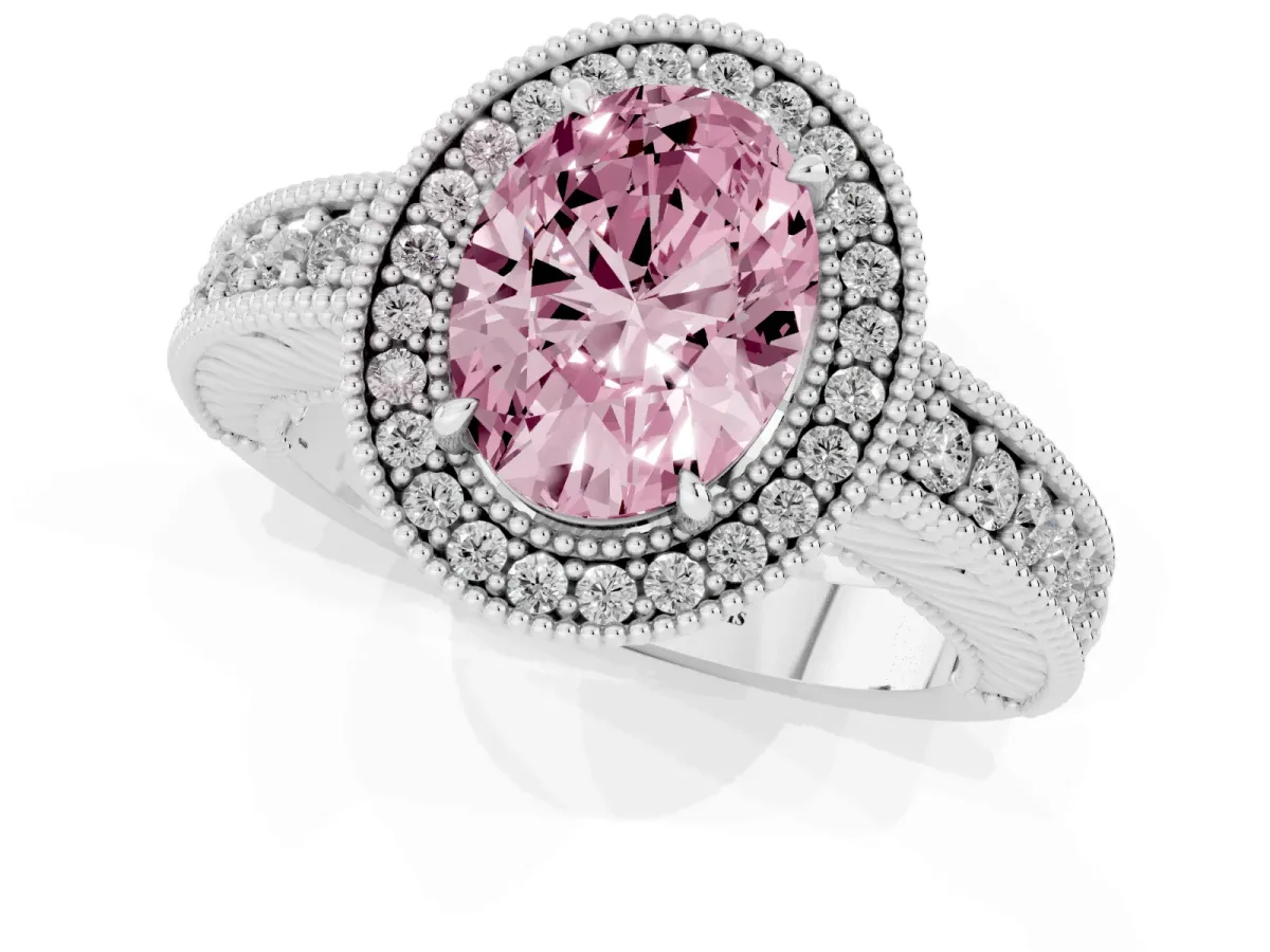 Fancy Pink Oval Cut Cut Halo Diamond Ring with Pavé Band and Four-Prong Setting Silver