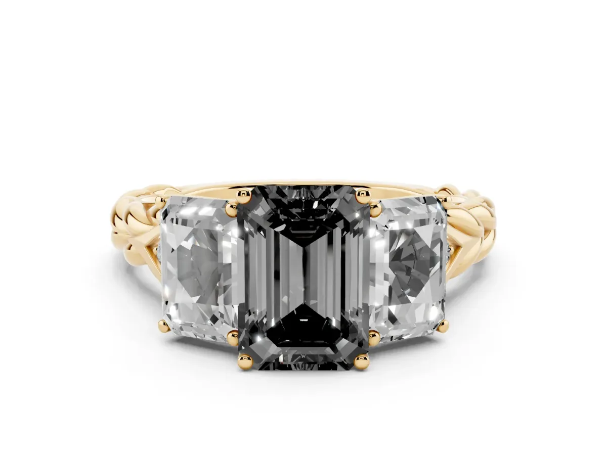 Fancy Black Three-Stone Radiant Cut Diamond Braided Band Ring with Four-Prong Setting Yellow gold